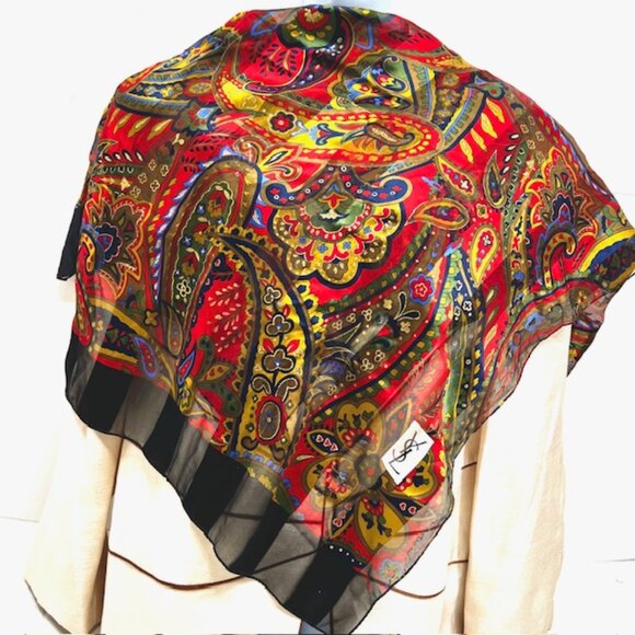 Unused Yves Saint Laurent 100% Silk Chiffon/Satin scarf 68x23 Black Red Flora(32 - Picture 8 of 16